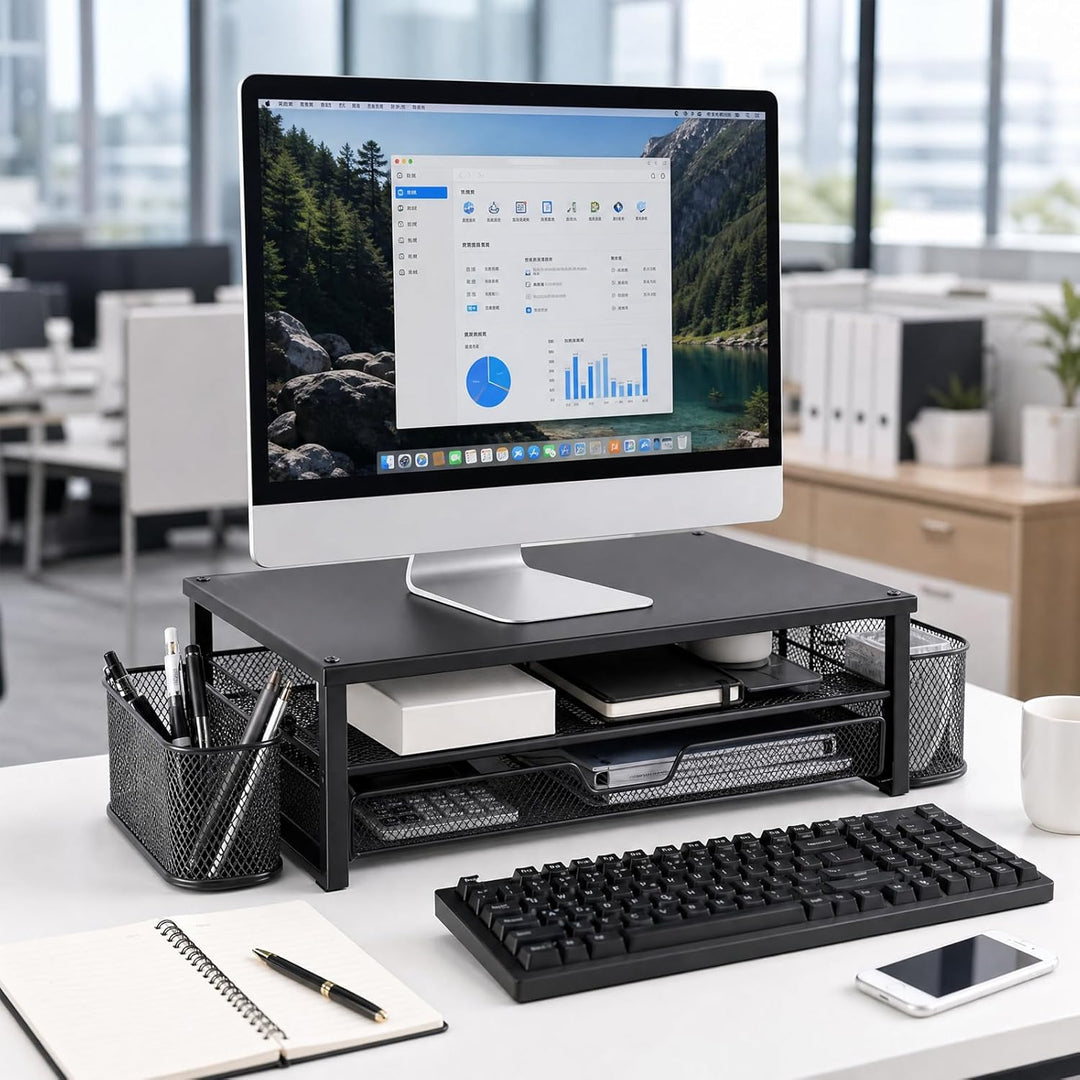 Monitorständer mit Schublade & 2 Stifthaltern - Ergonomische Schreibtisch-Erhöhung für Laptop & Bild