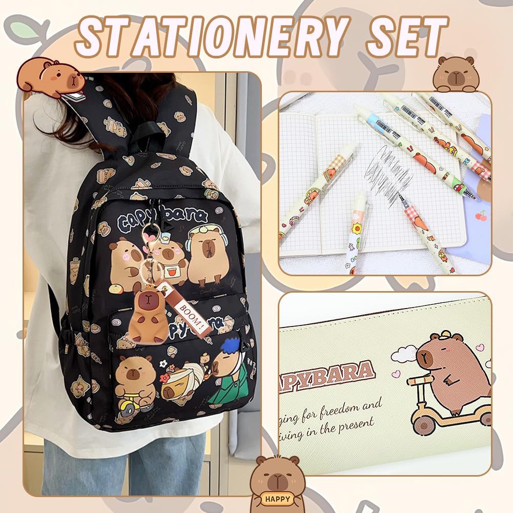 Capybara Rucksack Set - Schulrucksack Grosse Kapazität mit Capybara Federmäppchen, Stiften & Schlüss