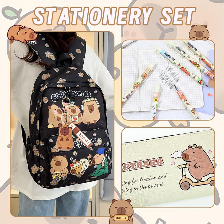 Capybara Rucksack Set - Schulrucksack Grosse Kapazität mit Capybara Federmäppchen, Stiften & Schlüss
