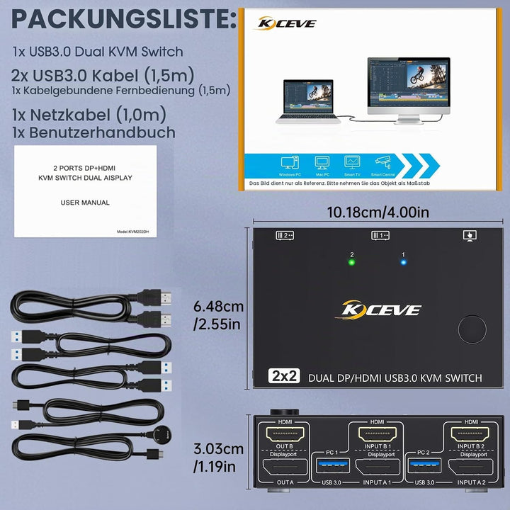Displayport+HDMI KVM Switch 2 PC 2 Monitore 4K@60Hz, MLEEDA Dual Monitor KVM Switch mit 4 USB 3.0 Po