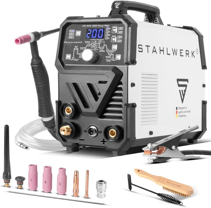 STAHLWERK DC WIG 200 Puls Pro - Digitales Profi WIG Schweissgerät mit MMA E-Hand und Pulsfunktion, f