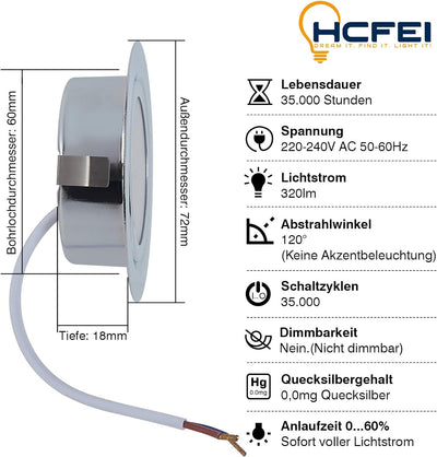 HCFEI 6er Set LED Slim Möbel Einbaustrahler | Chrom glänzend | 230V 3W | Warmweiss 3000K | Bohrloch: