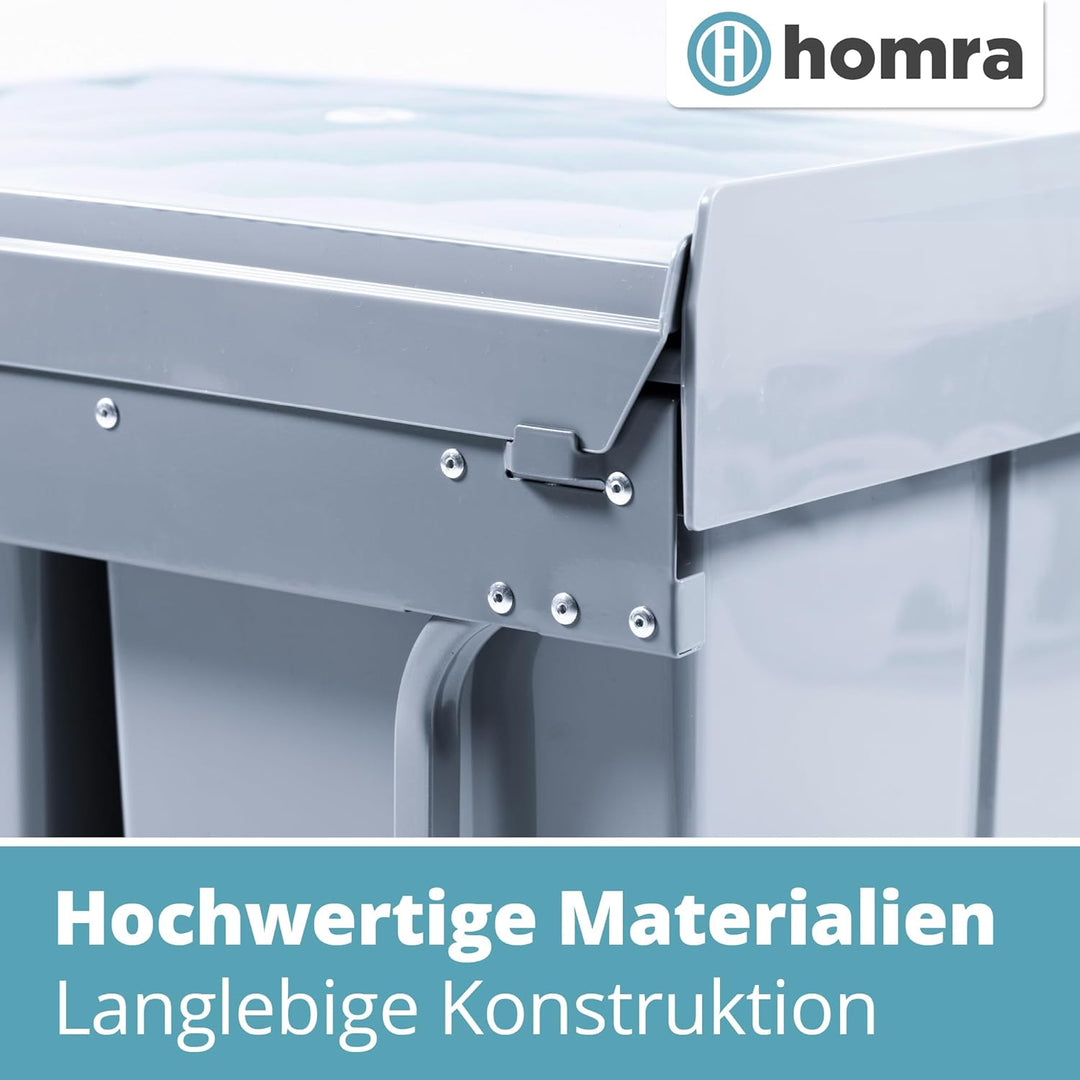 Homra Mülleimer 2 Fächer Ausziehbar | Einbaumülleimer Küche 2x20l | Mülltrennsystem Unterschrank | D