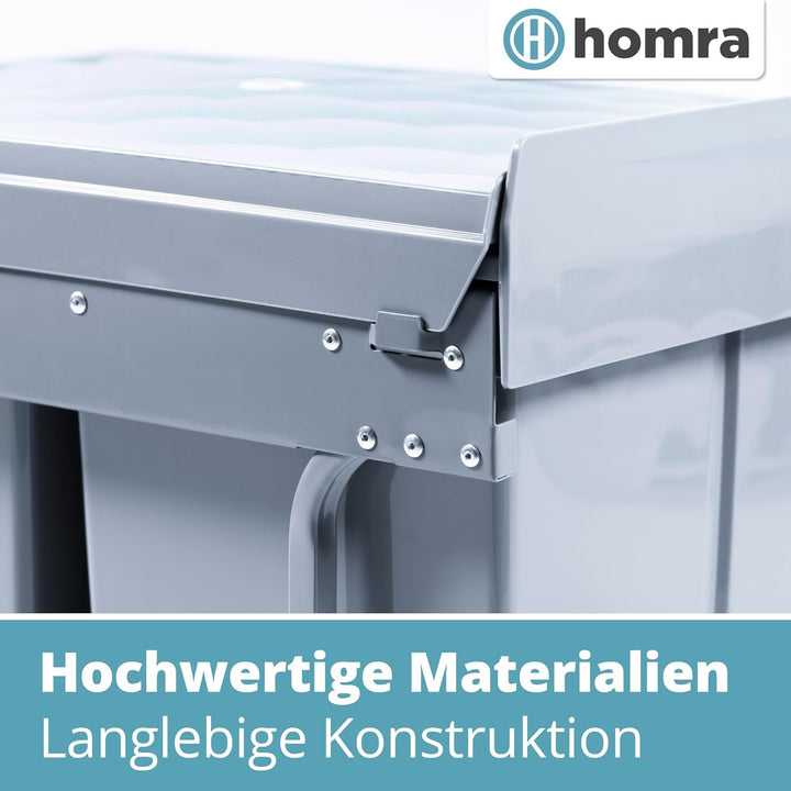 Homra Mülleimer 2 Fächer Ausziehbar | Einbaumülleimer Küche 2x20l | Mülltrennsystem Unterschrank | D