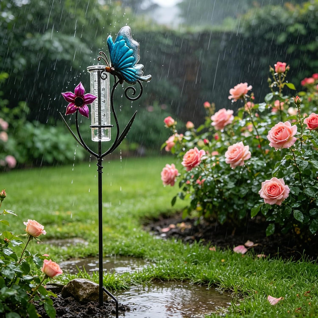 Regenmesser für Garten, Gartendekoration Regenmesser Glasregenwasserzähler, Gartenstecker Elf Stehen