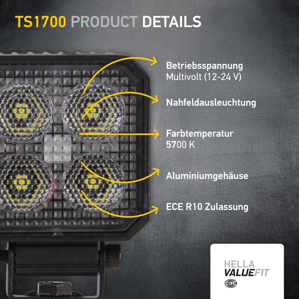 HELLA - LED-Arbeitsscheinwerfer - Valuefit TS1700 - 12/24V - 1700lm - geschraubt/Anbau - schwenkbare