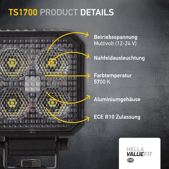 HELLA - LED-Arbeitsscheinwerfer - Valuefit TS1700 - 12/24V - 1700lm - geschraubt/Anbau - schwenkbare