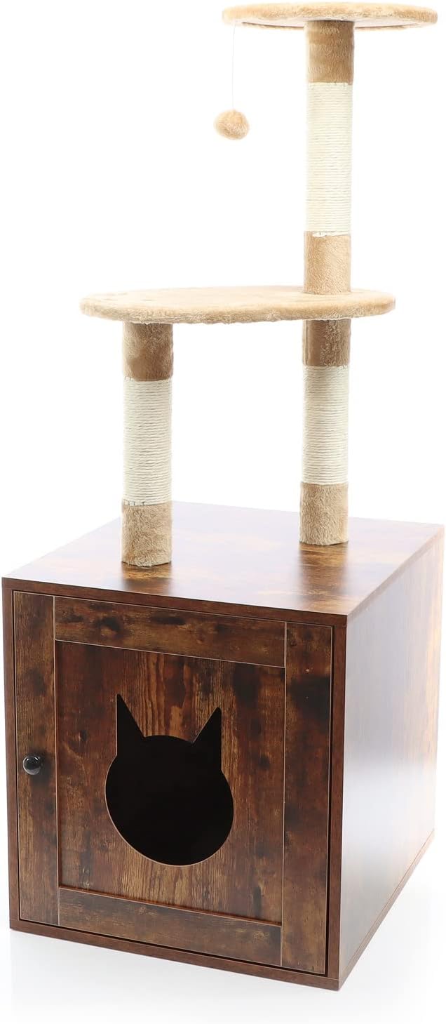 Fudajo Design Kratzbaum mit Box aus Holz vintagebraun multifunktional Kratzmöbel und Katzentoilette