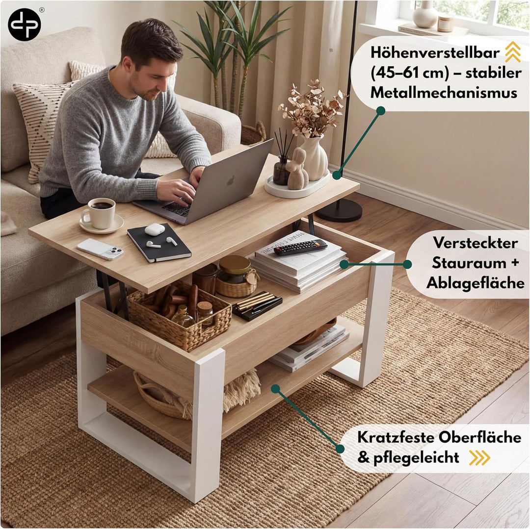 defiPad Couchtisch Höhenverstellbar mit Stauraum, Wohnzimmertisch Sonoma Eiche/Weiss mit hochziehbar