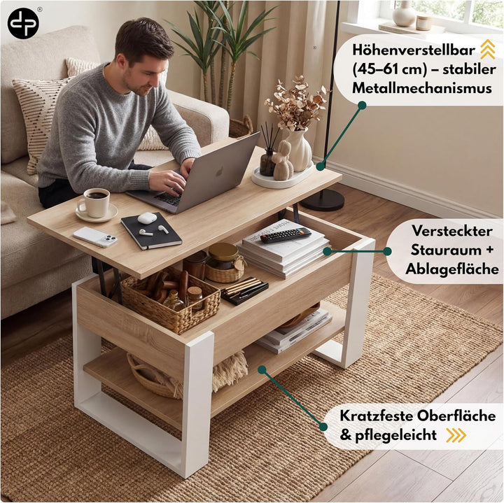defiPad Couchtisch Höhenverstellbar mit Stauraum, Wohnzimmertisch Sonoma Eiche/Weiss mit hochziehbar