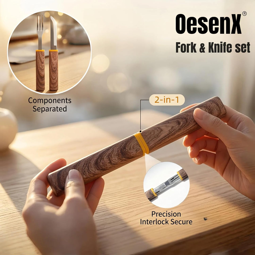 Reisebesteck Set, 2-teilig, Messer und Gabel 2-in-1 Trennbar, Edelstahl Besteck to go mit Etui für L