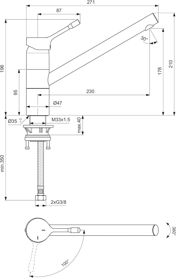 Ideal Standard BC295AA Ceralook Küchenarmatur verlängerter Sockel Hebel, Hebel