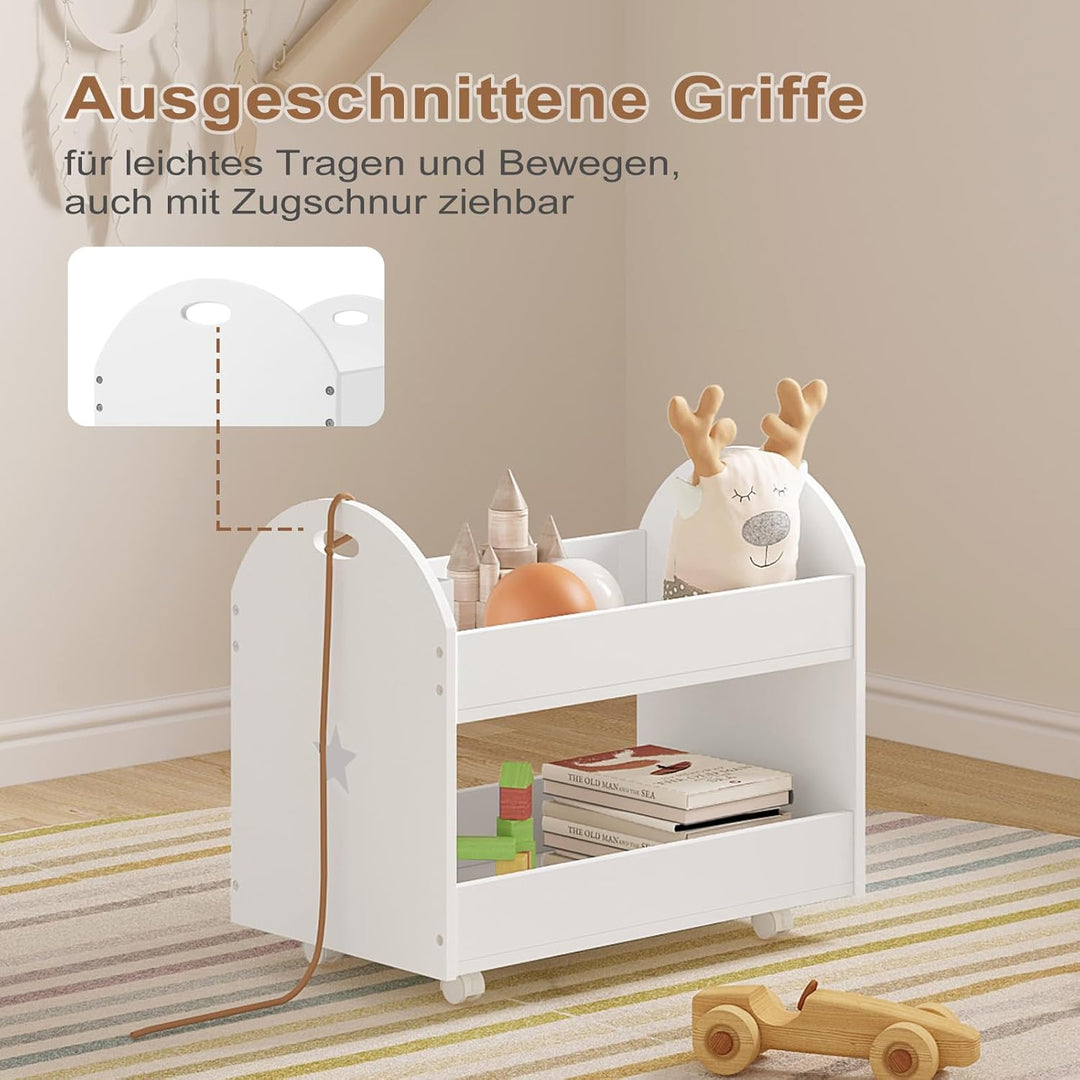 Lestarain Spielzeugkiste mit Rollen, Kinderzimmer Regal, Spielzeugregal mit 2 Ebenen, bewegliches Au