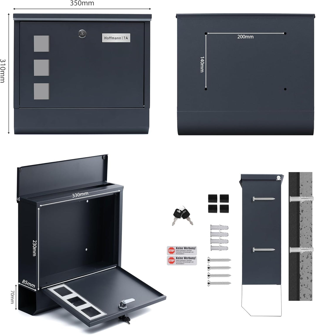 XL personalisiert Briefkasten mit Edelstahl Namensschild Anthracite Wandbriefkasten Postkasten Brief