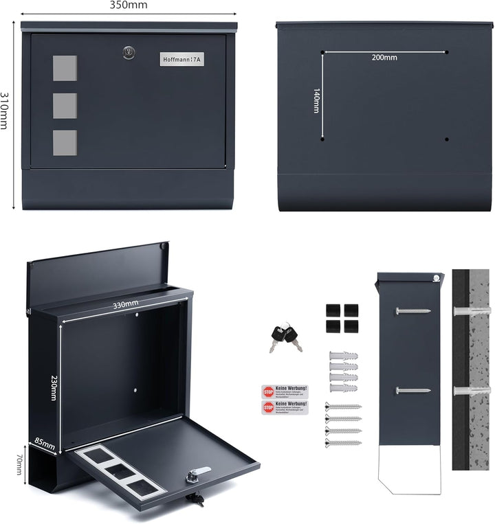 XL personalisiert Briefkasten mit Edelstahl Namensschild Anthracite Wandbriefkasten Postkasten Brief