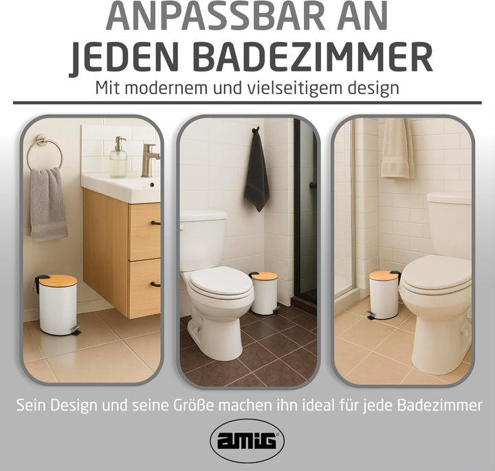 Amig - Kosmetikeimer mit Pedal 5L Naturline - Weiss und Bambus - Hygienische Öffnung - Ø20 x 26 cm -