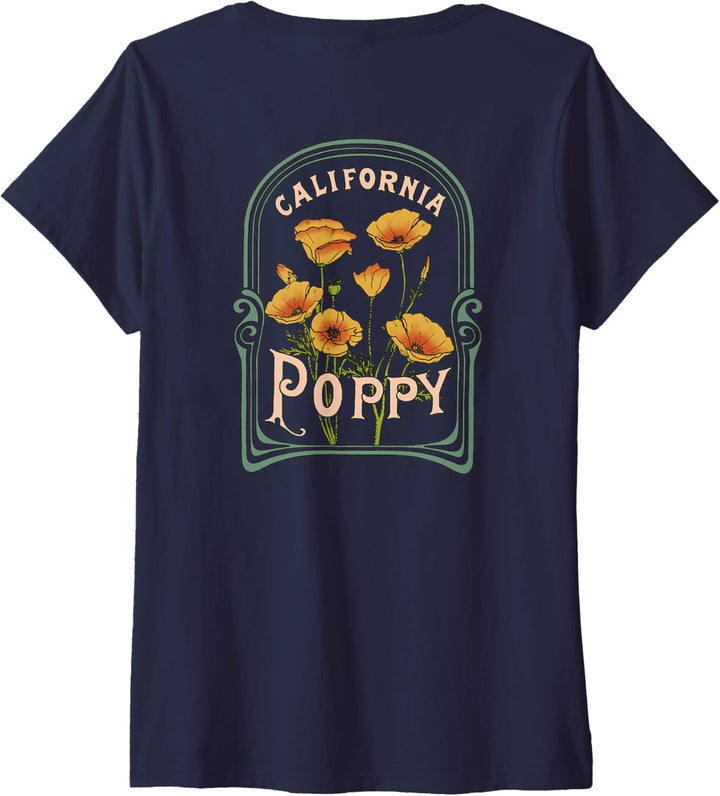 Damen California Poppy Creative Outline and Picture Front & Back T-Shirt mit V-Ausschnitt