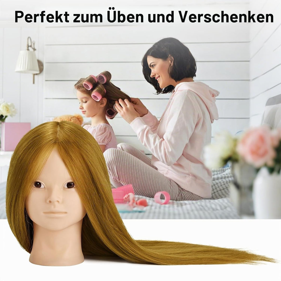 Friseurkopf mit Stativ, Trainingsköpfe mit 90% Echthaar 58CM, Schaufensterpuppe zum Frisieren, für K