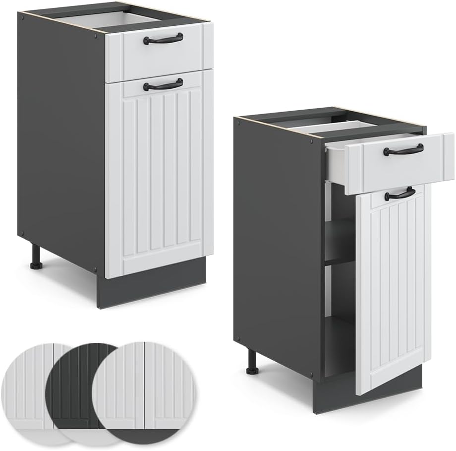 Vicco Küchenunterschrank Fame-Line, Weiss Landhaus/Anthrazit, 40 cm ohne Arbeitsplatte Weiss Landhau