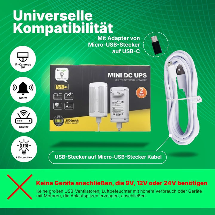 Mini-UPS 5V mit 2500mAh internem Akku und USB-Anschluss | UPS für Kameras und andere 5V-Geräte (max.