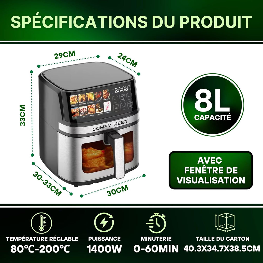 Comfy Nest, 8-Liter-Heissluftfritteuse mit 1700-W-Digitalbildschirm, Rapid Air-Technologie, 10 vorde