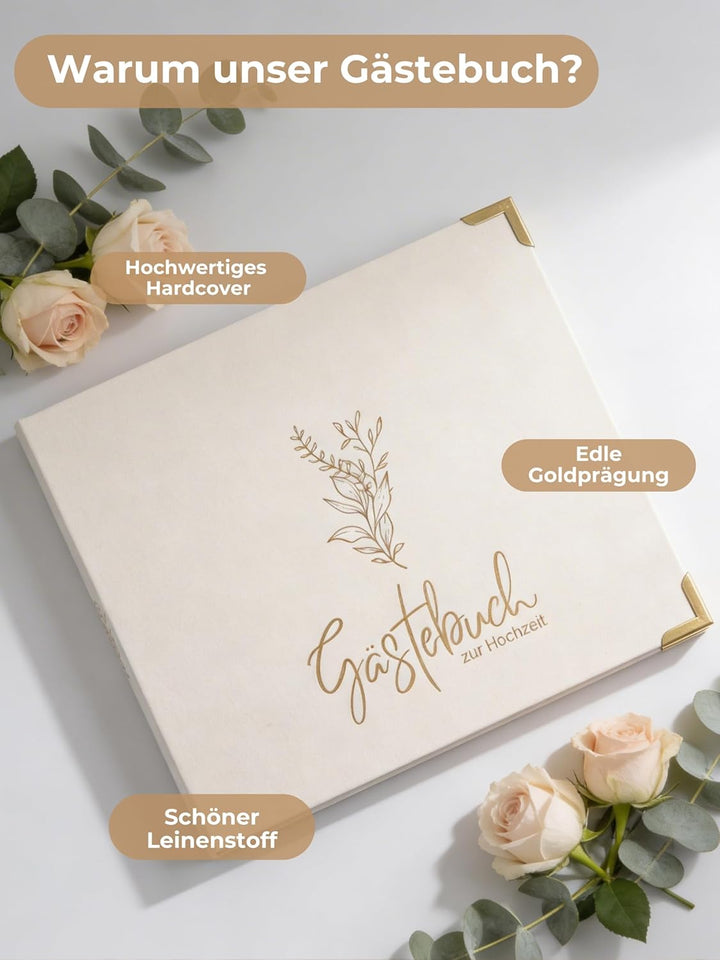 Gästebuch Hochzeit mit Fragen &amp; Blanko – Hochzeitsgästebuch beige Leinen | Hochzeitsgeschenk &amp; Erinn
