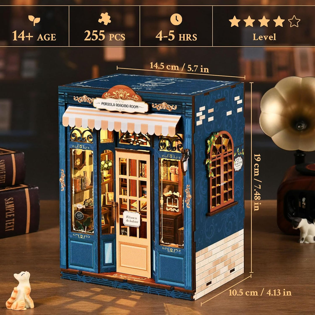 Shrike Book Nook Kit - DIY Miniaturhaus Holzpuzzle Puppenhaus, 3D Puzzle Buchstütze mit LED-Beleucht