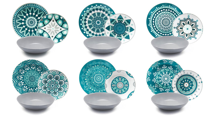 Excelsa Mandala Tellerservice 18 Stück, Porzellan, Hellblau/Grau