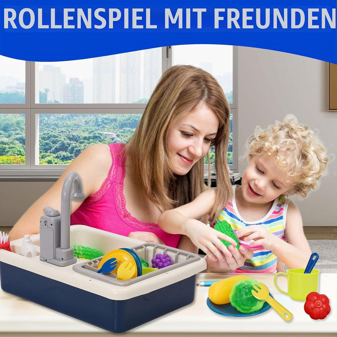 Küchenspüle Spielzeug Set mit Wasserkreislauf, Waschbecken Kinder mit Fliessendem Wasser, Spielküche