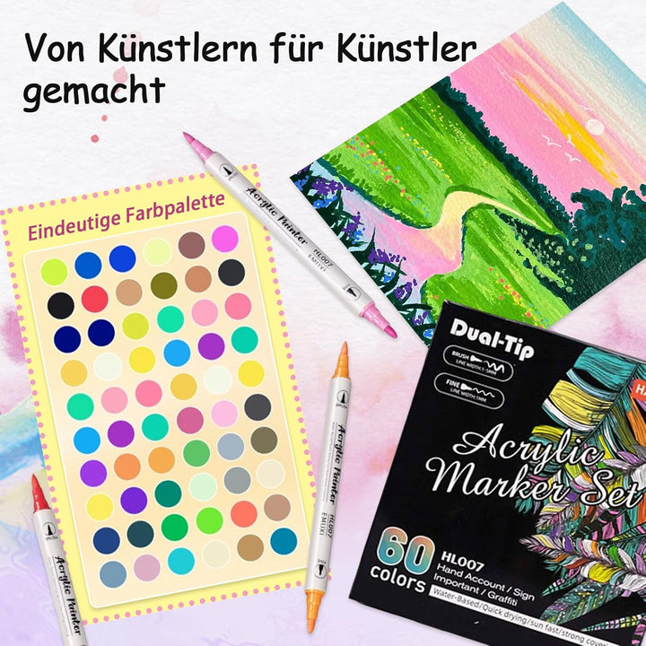 60 Farben Acrylstifte Set mit Doppelspitze (Feiner Spitze und Pinsel), Acrylstifte für Steine Wasser