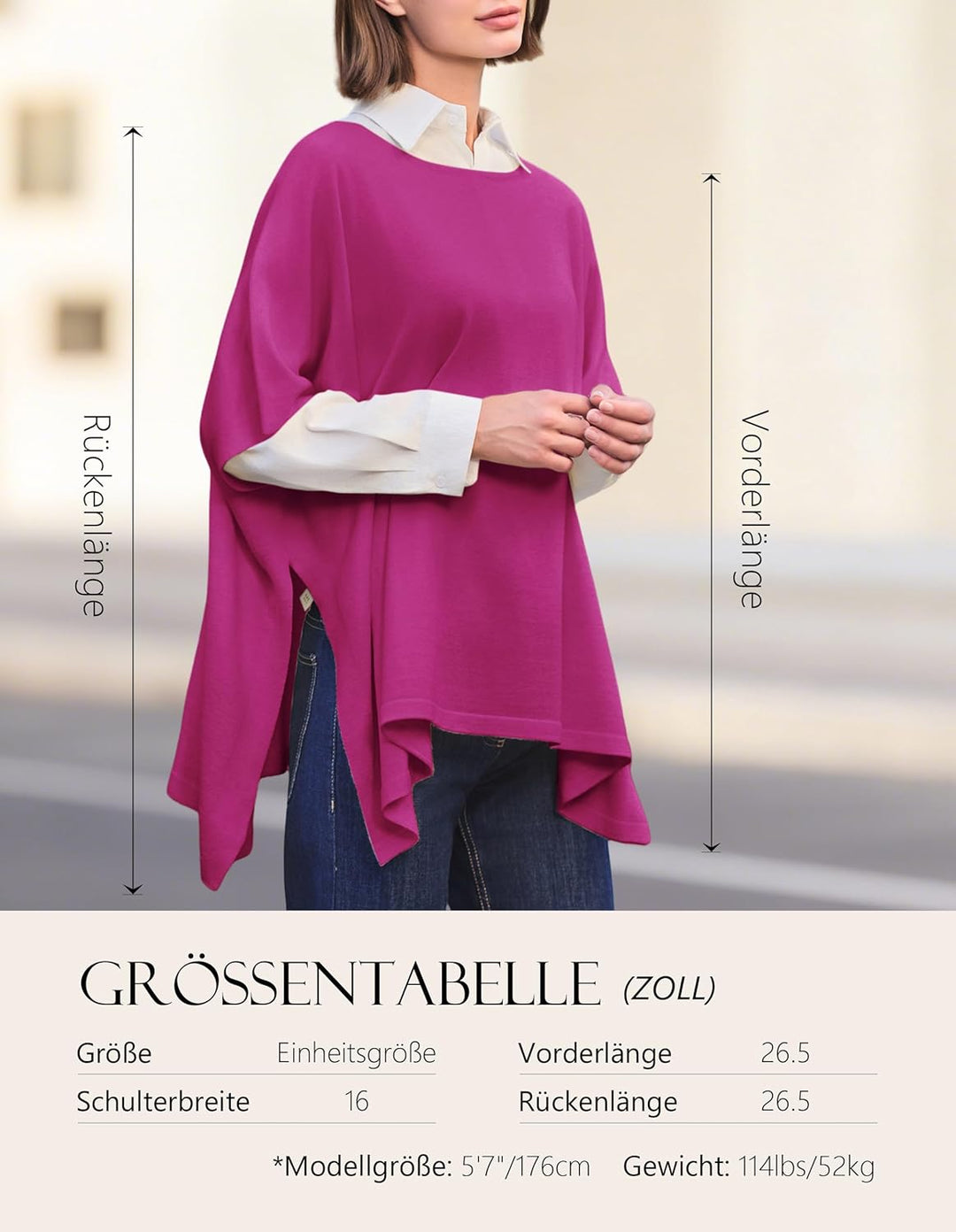 PULI Damen Pullover Poncho Elegant Viskose Strick Locker sitzend Poncho Schal Einheitsgrösse Hotpink