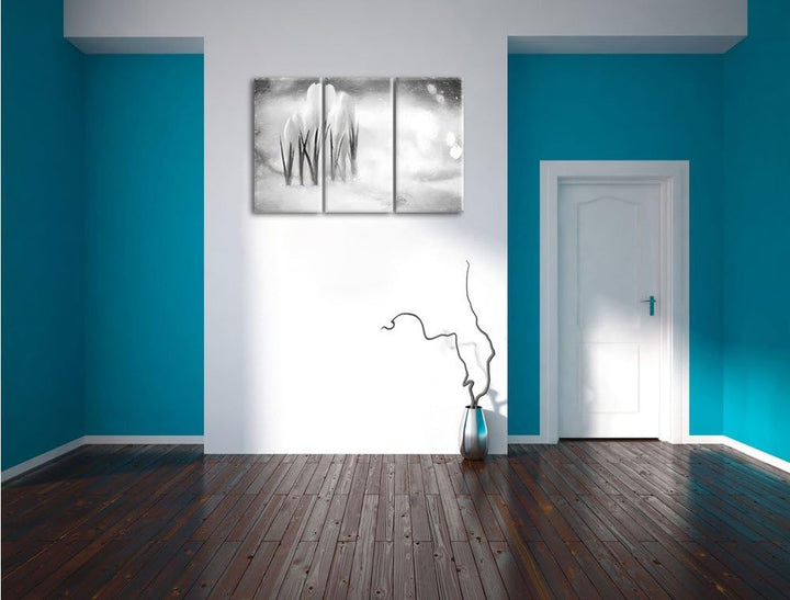 Pixxprint Schneeglöckchen im Frühjahr Kunst Kohle Effekt 3-Teiler Leinwandbild 120x80 Bild auf Leinw