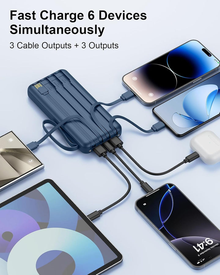 Powerbank mit integrierten Kabeln, 10000mAh, 22,5W Schnellladefunktion, USB-C LED-Anzeige, tragbares