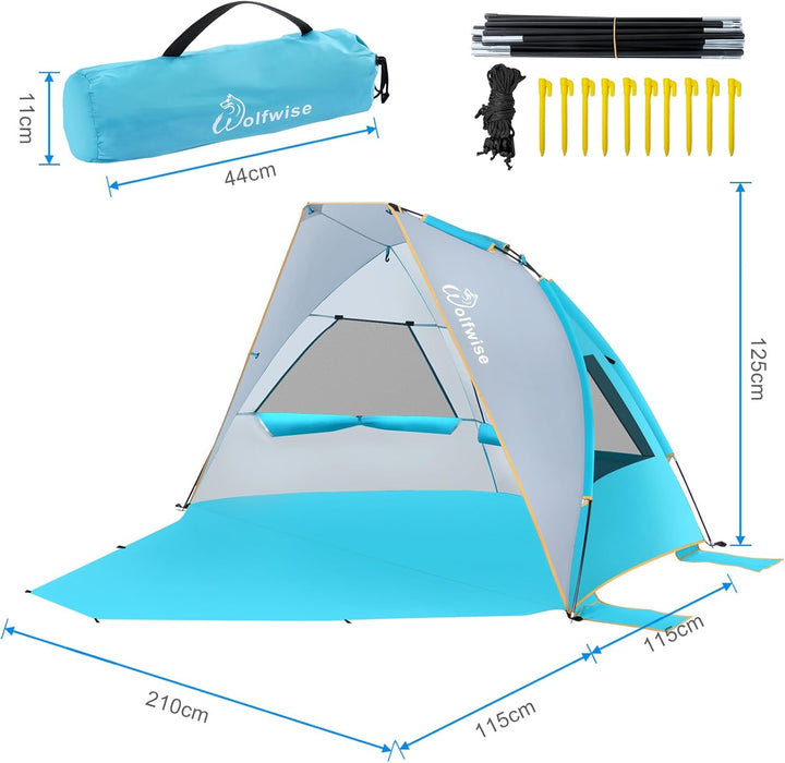 Wolfwise Strandmuschel mit UV-Schutz 50+, 2-3 Personen Strandzelt, Sonnenschutz und Windschutz mit e