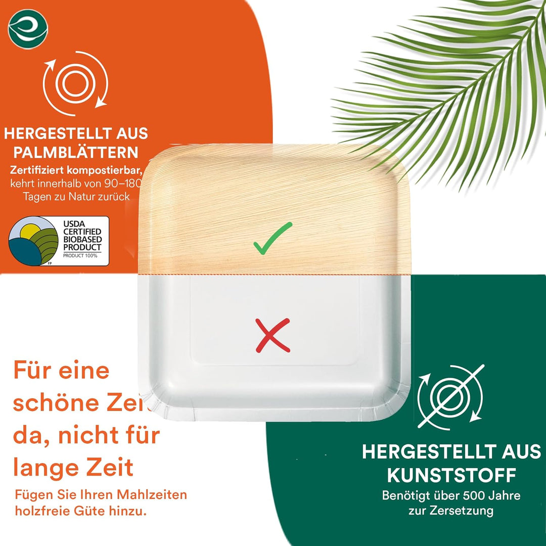 ECO SOUL 100% kompostierbare 20 cm, quadratische Palmblatt Teller [50 Stück] |Premium Palmblatt Gesc