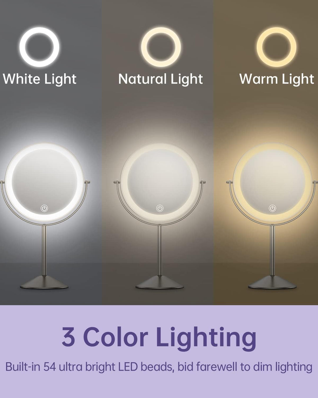Gospire 8 Zoll Wiederaufladbar Kosmetikspiegel mit Licht, 3 Farben & Dimmable LED, 1X/10X Doppelseit