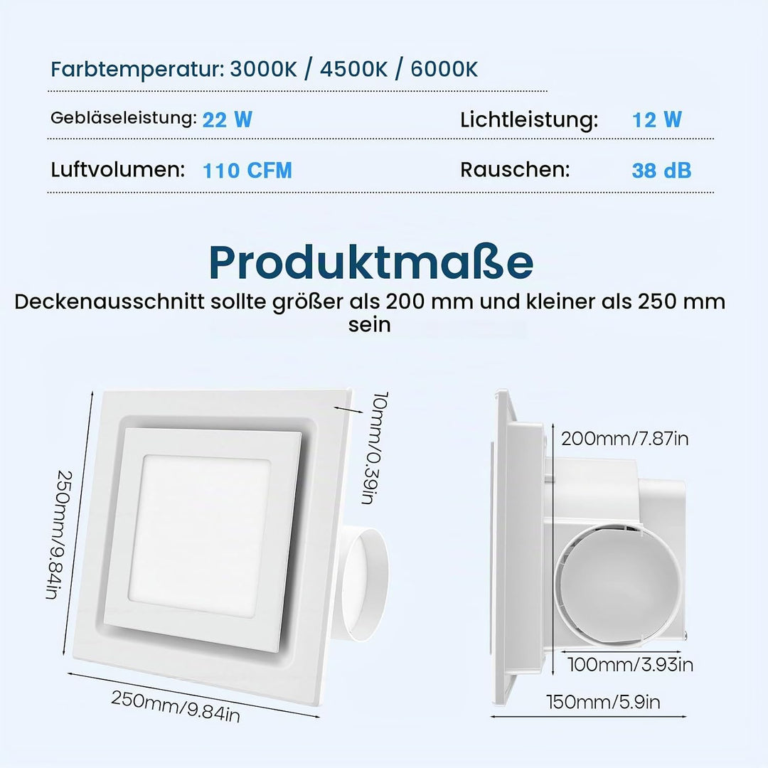 Abluftventilator für Badezimmer 200mm Badlüfter mit LED Licht, 3 Lichtfarben Einstellbar Abluftventi
