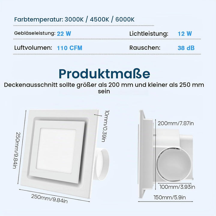 Abluftventilator für Badezimmer 200mm Badlüfter mit LED Licht, 3 Lichtfarben Einstellbar Abluftventi