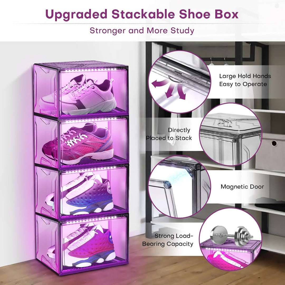 LED Schuhboxen Stapelbar, 2er Set, Schuh-Organizer aus Kunststoff, Schuhaufbewahrung Platzsparend, M