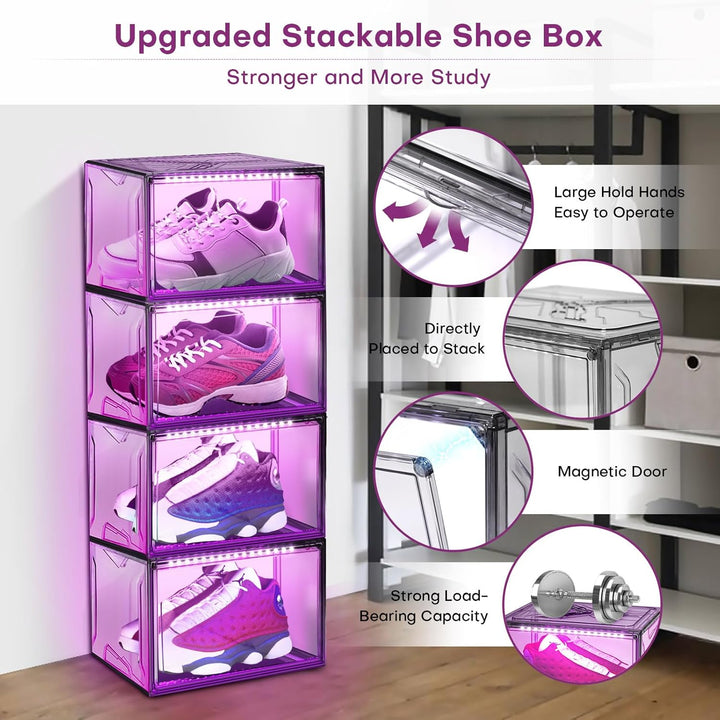 LED Schuhboxen Stapelbar, 2er Set, Schuh-Organizer aus Kunststoff, Schuhaufbewahrung Platzsparend, M