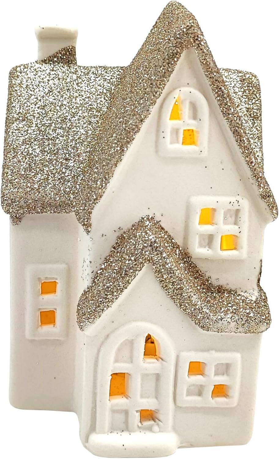 DARO DEKO Keramik LED Haus - Lichthaus Gold Glitzer 2er Set, Gold Glitzer 2er Set