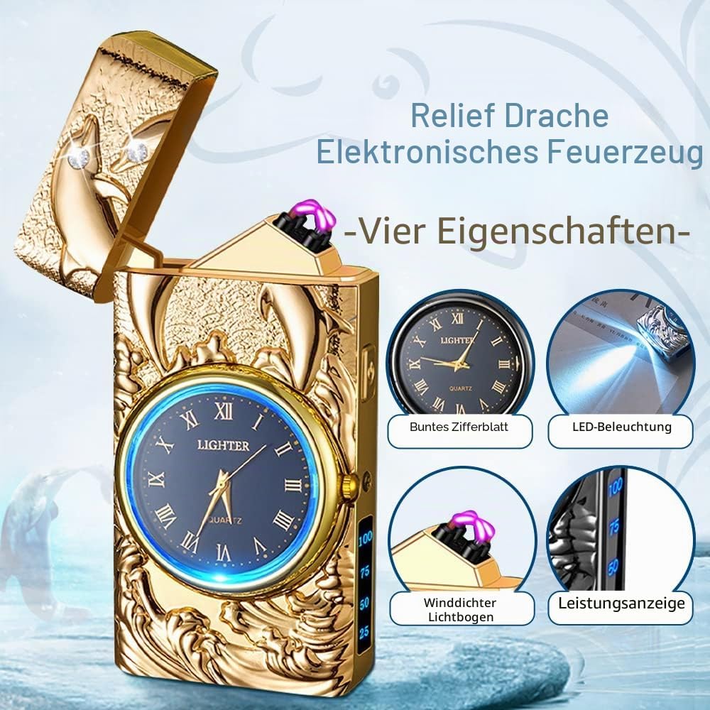 Drachen Plasma Elektrisches Lichtbogen Feuerzeug, Winddichtes Feuerzeugs (Gold-Delphin) Delphin Gold