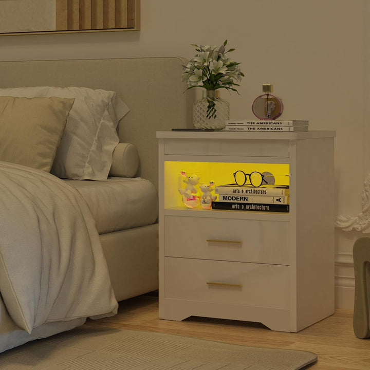 PIPIPOXER Nachttisch mit Steckdose & USB & abschliessbar, Nachttisch Weiss mit LED Nachtkommode mit
