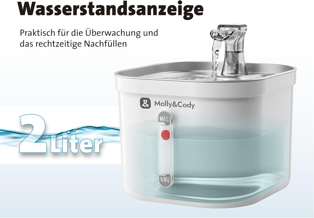 Molly&Cody Spring Trinkbrunnen für Katzen & Hunde (2L Wasserkapazität, automatischer Wasserspender,