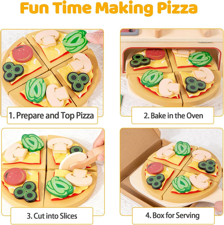 Pizza Holzspielzeug Kinderküche, Spielküche Zubehör Holz, 50PCS Pizzaofen mit Pizzaschneider, Küchen