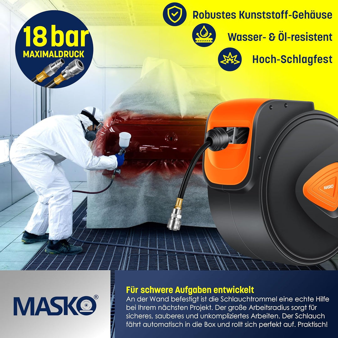MASKO® Automatik Druckluftschlauch Aufroller 30m – Schlauchtrommel mit 1/4" Anschluss, Schlauchaufro