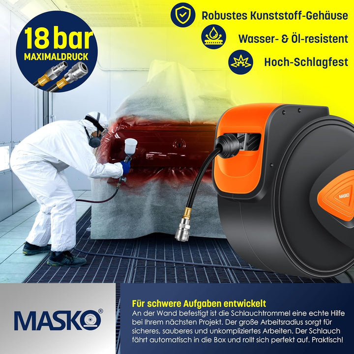 MASKO® Automatik Druckluftschlauch Aufroller 30m – Schlauchtrommel mit 1/4" Anschluss, Schlauchaufro