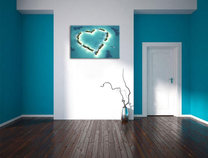 Herz geformt aus Inseln, Format: 100x70 auf Leinwand, XXL riesige Bilder fertig gerahmt mit Keilrahm