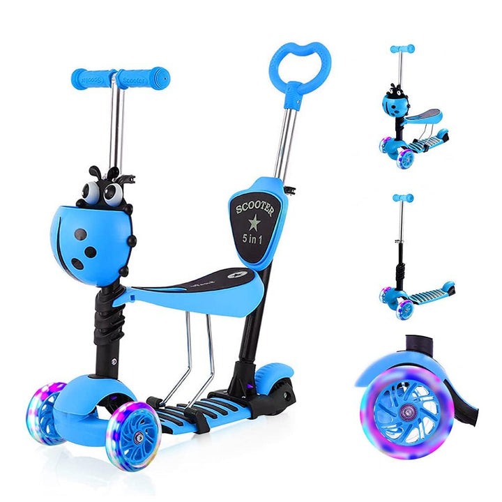 YOLEO 5-in-1 Kinder Roller Scooter mit Abnehmbarer Karikaturkorb Sitz Schubstange LED grosse Räder B