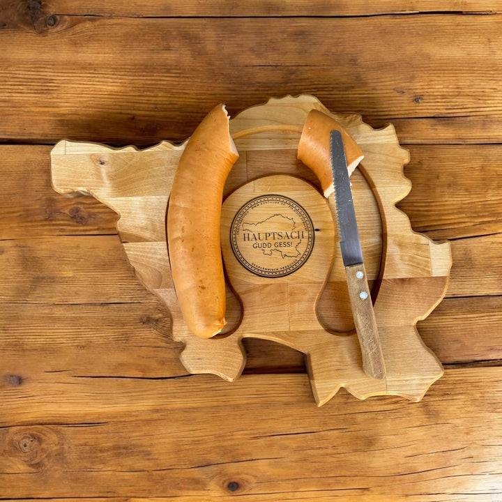 Saarlandbrett als Frühstücksbrettchen aus Holz, Legendärer Lyoner Style, für Saarländer, Lusitge Ges